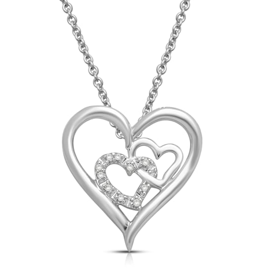 Jewelili Sterling Silver White Diamond Double Heart Pendant with Rolo Chain