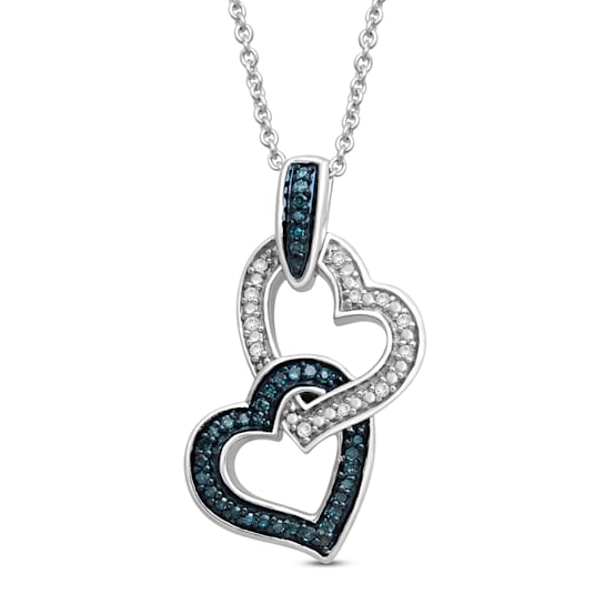 White and Blue Diamond Sterling Silver Double Heart Pendant 0.16 CTW