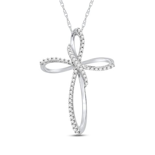 Jewelili 10K White Gold 1/5ctw White Diamond Cross Pendant with Rope Chain