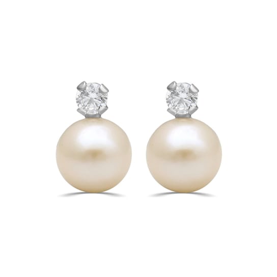 Sterling Silver 5.5 MM Round Pearl and 2.5MM Round Cubic Zirconia Stud Earrings