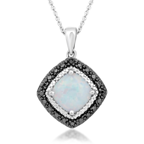 Jewelili Sterling Silver Opal, Black and White Diamond Pendant with Rolo Chain