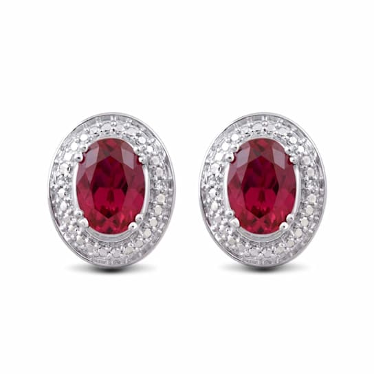 Sterling Silver 7x5 MM Oval Ruby and Natural White Round Diamond Stud Earrings