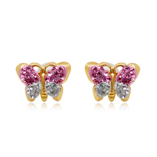 10K Yellow Gold 1MM Pink and White Precious Crystal Butterfly Stud Earrings