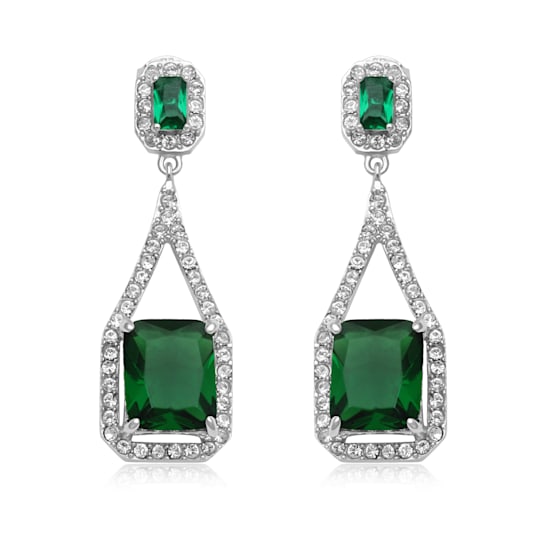Sterling Silver Octagon Simulated Green Emerald Glass and Round Cubic
Zirconia Dangle Earrings