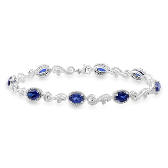 Created Blue Sapphire and Natural White Diamond Sterling Silver Bracelet
