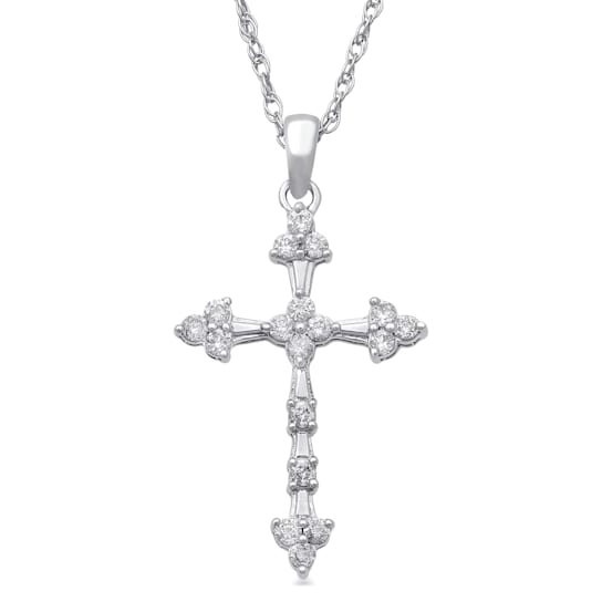 Jewelili 10K White Gold 1/4 Ctw White Round Diamond Cross Pendant,
18" Rope Chain