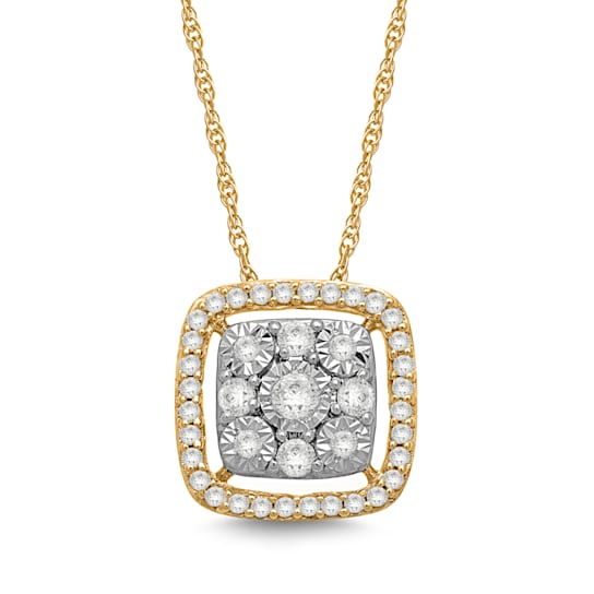 Jewelili 10K Yellow Gold 1/4 Ctw White Diamond Square Shape Pendant,
18" Rope Chain
