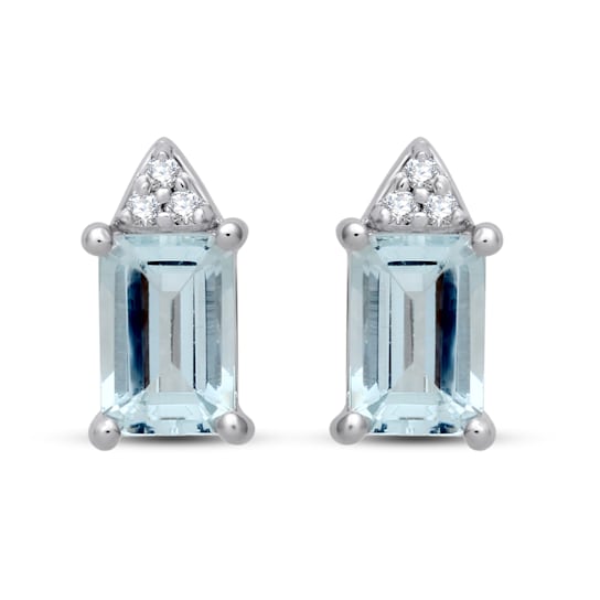 Created White Sapphire and Aquamarine Sterling Silver Stud Earrings 1.14 CTW