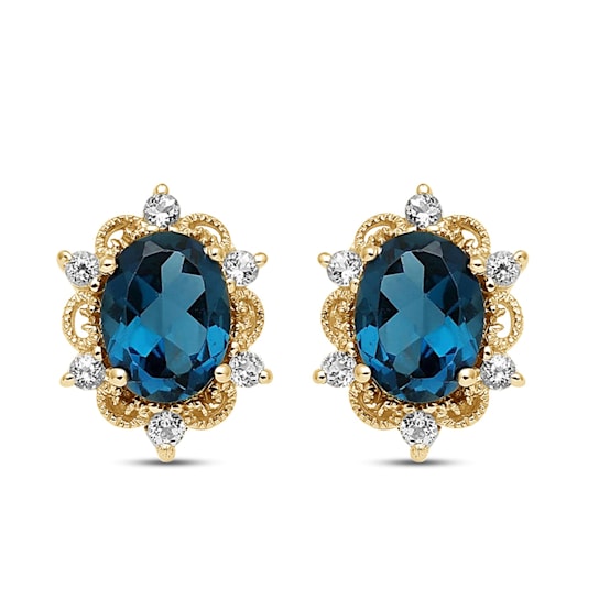 Jewelili Yellow Gold over Sterling Silver 8x6 MM London Blue Topaz and
White Topaz Stud Earrings