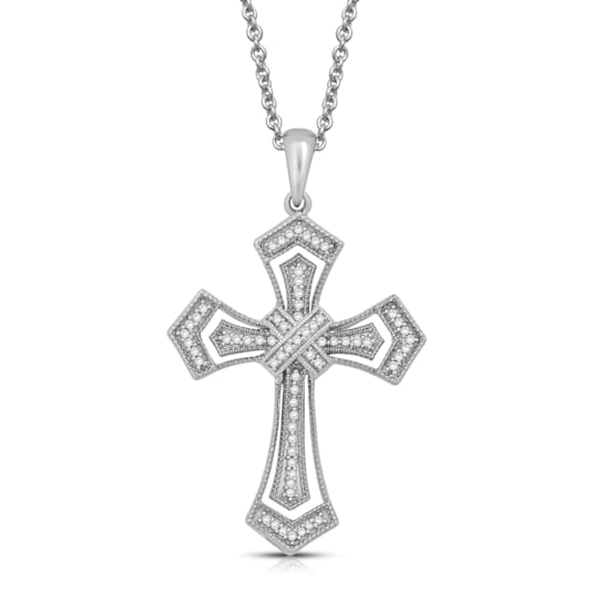 Jewelili Sterling Silver 1/5ctw White Diamond Cross Pendant with Rolo Chain