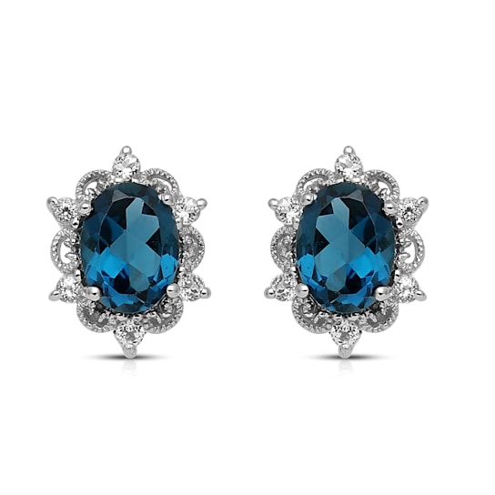 Jewelili Sterling Silver 8x6 MM London Blue Topaz and White Topaz Stud Earrings
