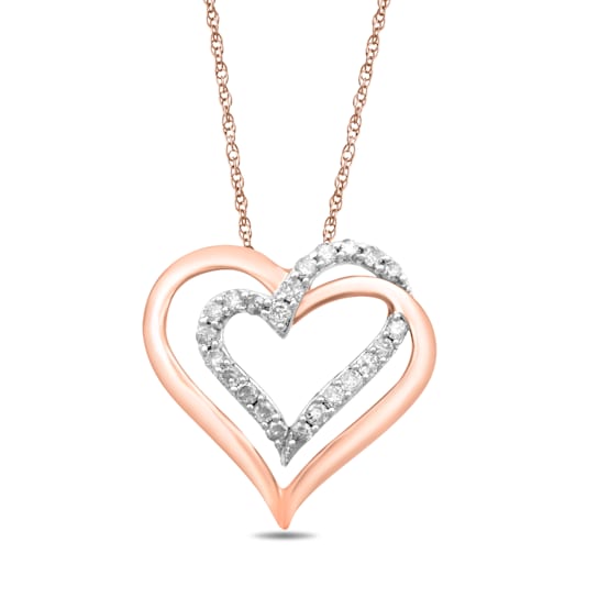Jewelili 10K Rose Gold 1/4 Ctw White Round Diamond Double Heart
Necklace, 18" Rope Chain