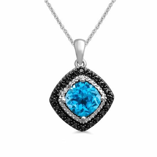 Jewelili Sterling Silver Sky Blue Topaz, Black and White Diamond Pendant
with Rolo Chain