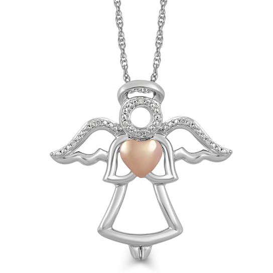 Jewelili Sterling Silver and 10K Rose Gold White Diamond Angel Heart
Pendant, 18" Rope Chain