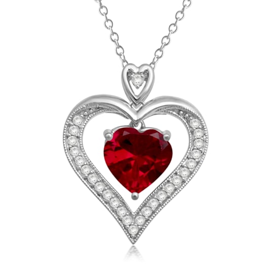 Jewelili Sterling Silver Created Ruby and Created White Sapphire Heart
Pendant, 18" Cable Chain