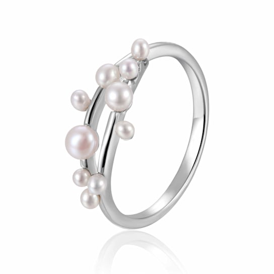 Dainty Cluster Pearl Ring In Rhodium Plated Sterling Silver