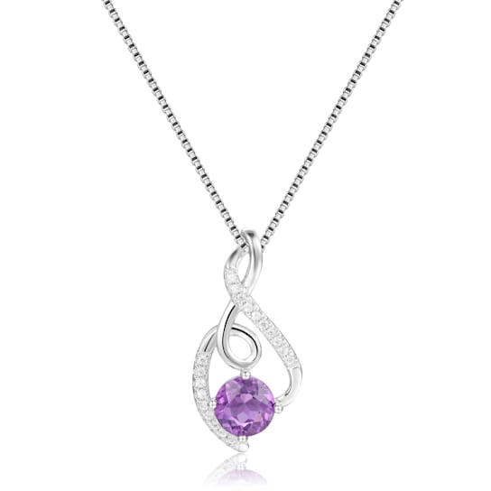 Graceful Round Natural Amethyst and White Sapphire Sterling Silver
Pendant With Chain