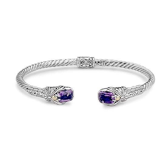 Sterling Silver And 18K Gold Hinged Bangle With Amethyst and Dragonfly Motif