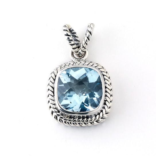 Sterling Silver Cushion Cut Blue Topaz Pendant With Twisted Design