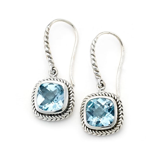 Sterling Silver Cushion Shape Blue Topaz Twisted Rope Design Earrings