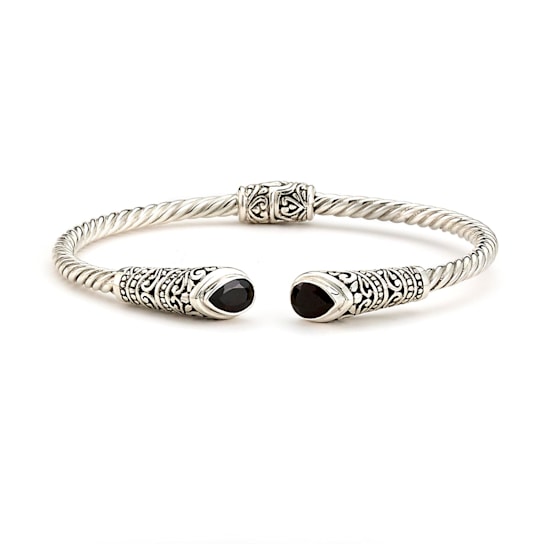 Sterling Silver 3mm Twisted Cable Bangle With Garnet