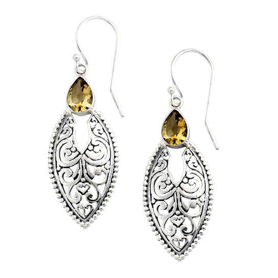 Sterling Silver Bali Design Marquise Shape Citrine Earrings