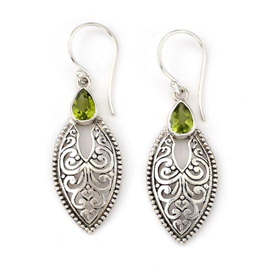 Sterling Silver Bali Design Marquise Shape Peridot Earrings