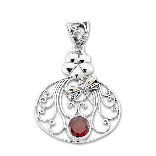 Sterling Silver And 18K Gold Red Garnet Dragonfly Pendant