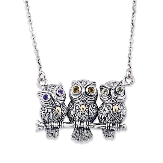 Sterling Silver And 18K Gold Owls On Branch Necklace