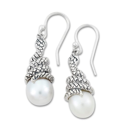 Sterling Silver Snake Earrings With White Pearl
