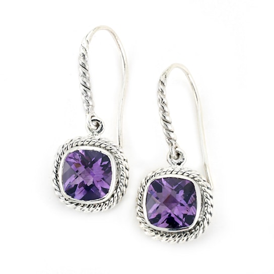 Sterling Silver Cushion Shape Amethyst  Twisted Rope Design Earrings