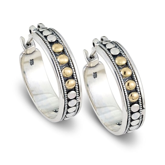 Sterling Silver And 18K Gold Dot Design Hoop Earrings