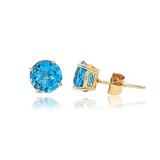 14K Yellow Gold Round Swiss Blue Topaz Solitaire Stud Earrings