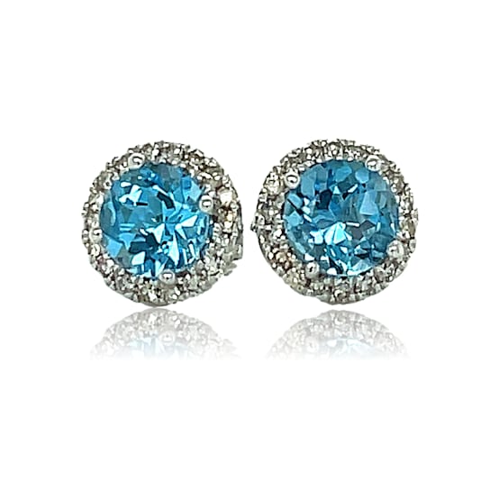 14K White Gold Blue Topaz and Diamond Stud Earrings