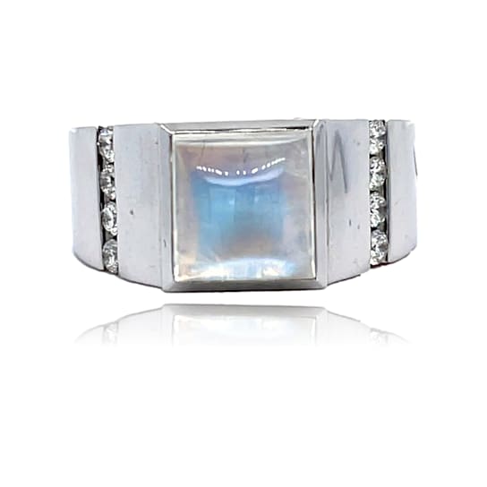 14K White Moonstone Cabochon and Diamond Ring