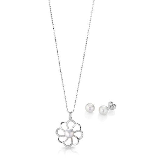 8mm White Organic Man-Made Pearl Flower Pendant and Earring Set