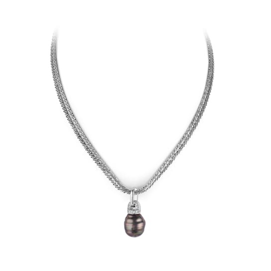 14x16mm Black Organic Man-Made Pearl and CZ Pendant With Chain