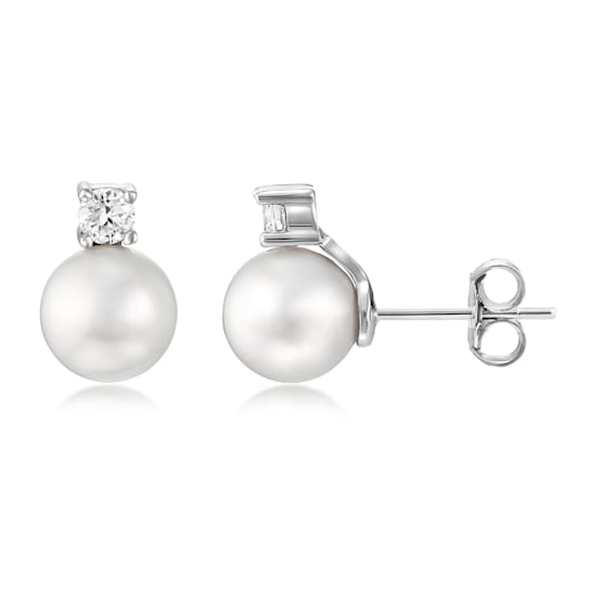 7mm White Organic Man-Made Pearl and CZ Earrings