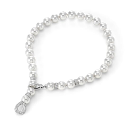14mm White Organic Man-Made Pearl Necklace with Cubic Zirconia Spacers