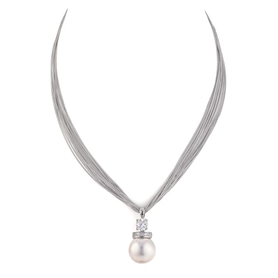 14mm White Organic Man-Made Round Pearl and CZ Pendant With Chain