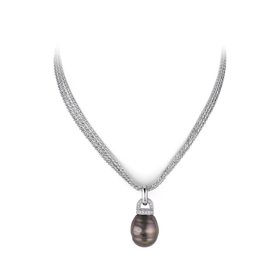 17x20mm Black Organic Man-Made Barrel Baroque Pearl and CZ Pendant With Chain