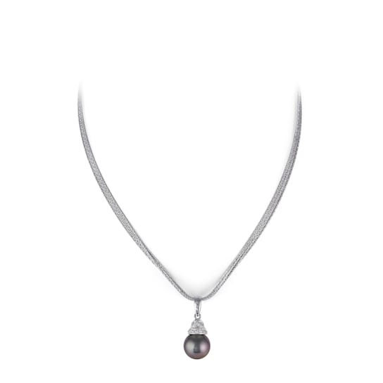 12mm Black Organic Man-Made Round Pearl and CZ Pendant With Chain