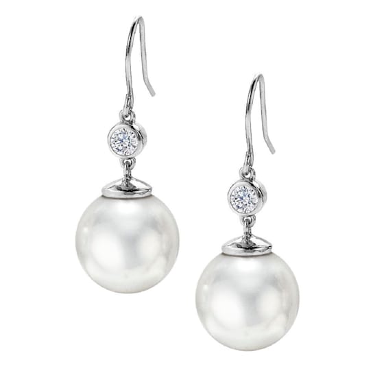 12mm White Organic Man-Made Pearl and CZ Earrings