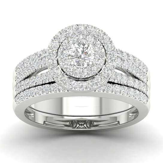10K White Gold 1.0ctw Diamond Bridal Round Halo Engagement Ring Band Set
( I2-Clarity-H-I-Color )