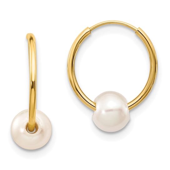 14k Yellow Gold 5-6mm White Semi-Round Freshwater Cultured Pearl Endless
Hoop Earrings for Women