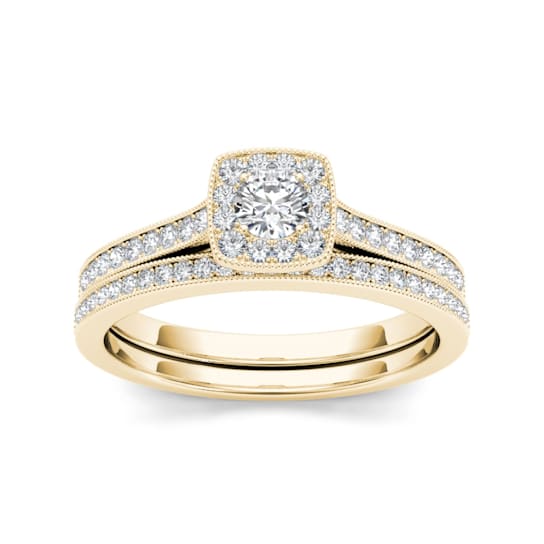 10K Yellow Gold .50ctw Diamond Solitaire Halo Wedding Band Ring Set (
I2-Clarity-H-I-Color )