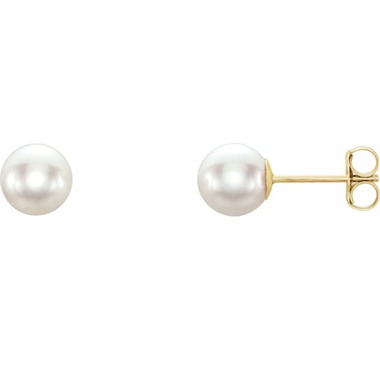 14k Yellow Gold 6 mm White Akoya Cultured Pearl Stud Earrings for Women