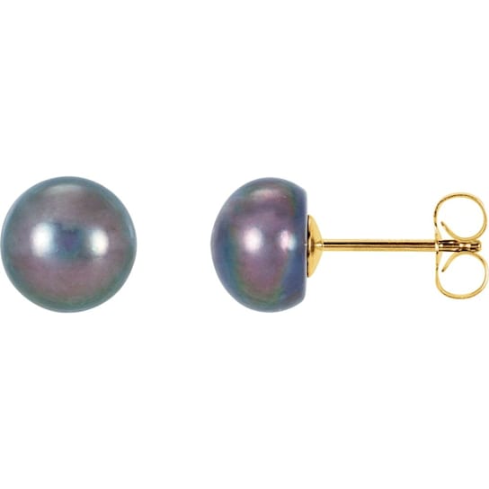 14k Yellow Gold Freshwater Cultured Black Button Pearl Stud Earrings for Women