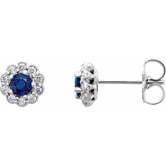 14K White Gold 3.2 mm Natural Blue Sapphire and 1/6ctw Natural Diamond Earrings