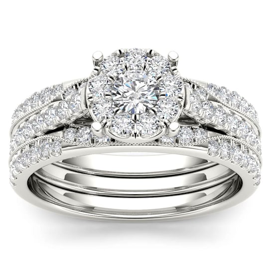 14K White Gold 1.0ctw Diamond Engagement Bridal Ring Wedding Band Set I2-H-I